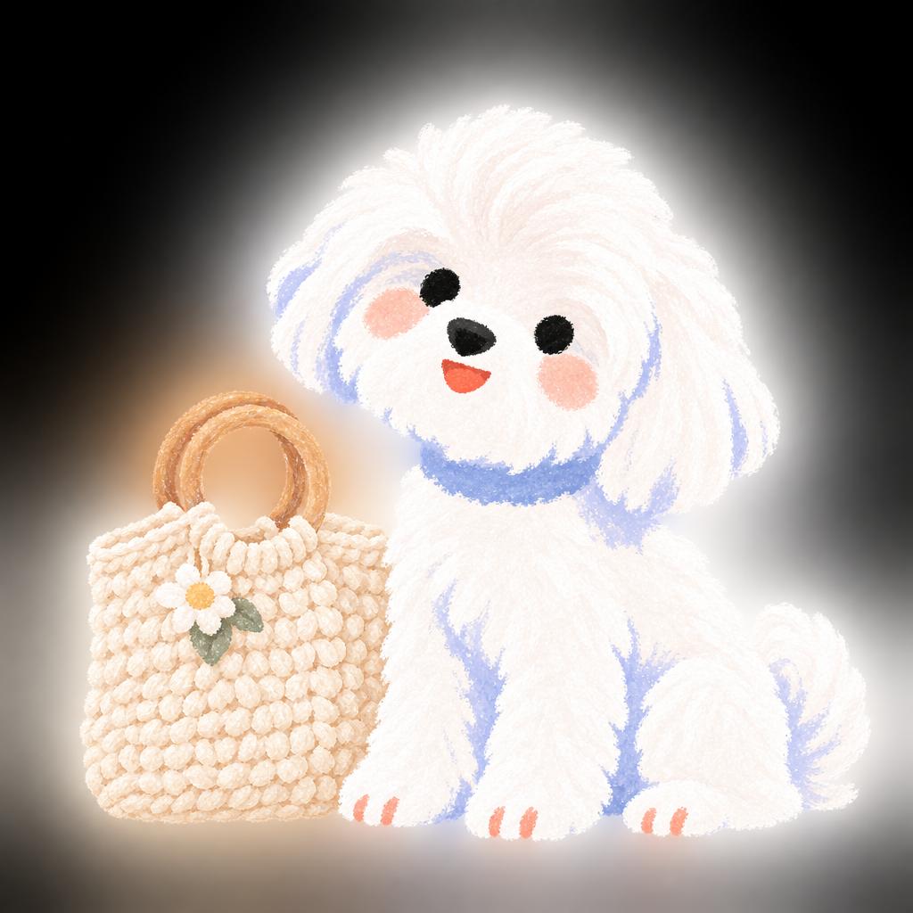 Maya next to a hand-crocheted bag